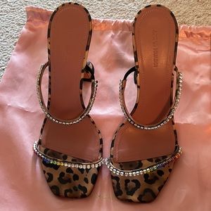 Amina Muaddi Leopard Satin Heels